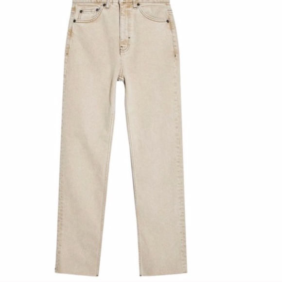 TOPSHOP Straight High Waist Raw Hem Khaki Jean EUC - Picture 2 of 2